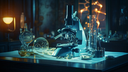 Microscope with laboratory glassware