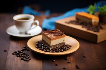 espresso cheesecake slice with coffee beans on side