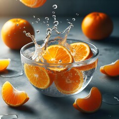 Fresh Oranges Splashing Into a Glass Bowl With Water Droplets in Air