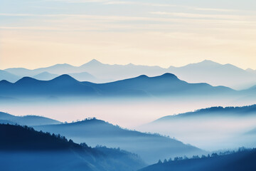 Mountain range with visible silhouettes through the morning colorful fog. Landscape scenic view. Generative AI