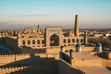 Top view of ancient eastern city with mosques and minarets