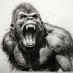 Pencil sketch gorilla terrible screaming images Generative AI - obrazy, fototapety, plakaty