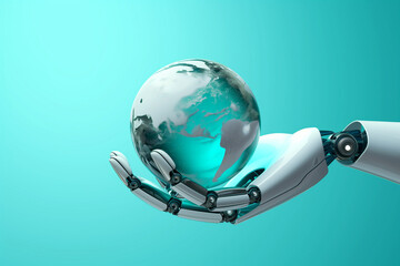 hotorealistic of A mechanical robot hand gripping a globe minimal 3d isometric icon