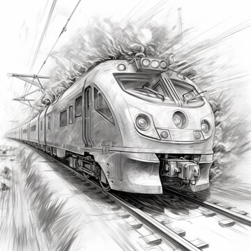 Pencil sketch electric train running image Generative AI