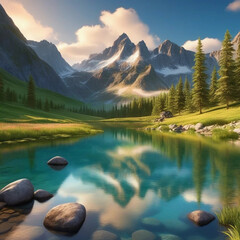 Tranquil Mountain Landscape with Reflection in Lake