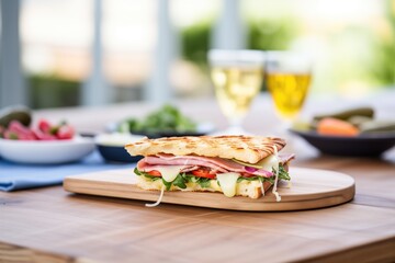 grilled ciabatta panini with cheese and ham - obrazy, fototapety, plakaty