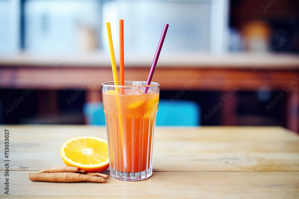 Sticker cold-pressed juice in a glass with a metal straw, fruit slices on the side