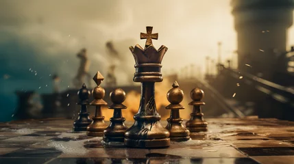 Fotobehang Defeat chess king from a black queen on a chessboard © Black