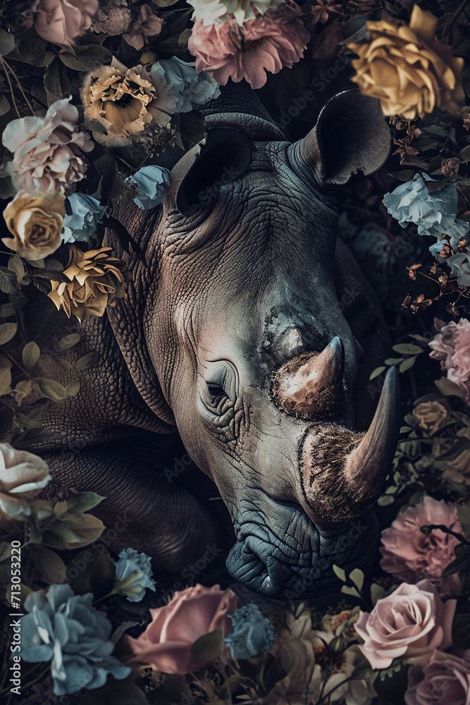 Wall mural Rhino portrait with fresh flowers and leaves. Creative animal portrait. Generative Ai