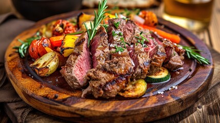 Fresh juicy delicious beef steak on a dark background. A wooden plate topped with meat and veggies.