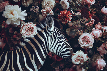 Zebra portrait with fresh flowers and leaves. Creative animal portrait. Generative Ai