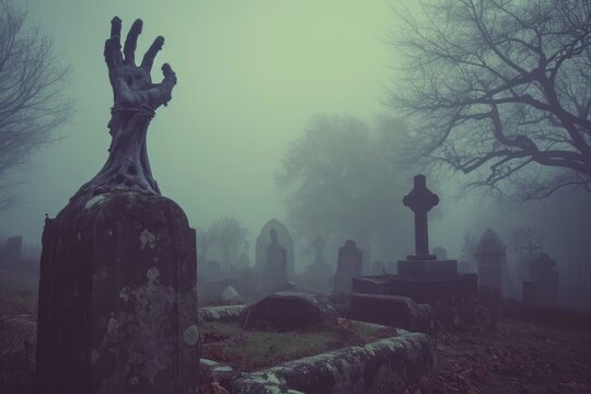 A zombie hand reaching out from a grave in a misty cemetery . Zombie hand coming out of his grave