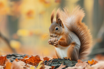 a red squirrel sits in the forest and eats a nut. Red squirrel, sitting side ways, holding a hazel nut in front paws and eating from it. Tail up. Close-up of squirrel eating food on rock