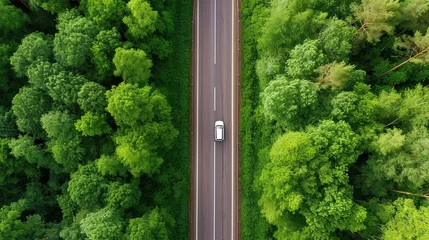 Foto op Canvas Aerial top view of highway road in the middle of green forest © Mas