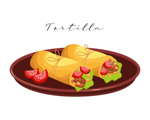 Tortilla with meat and vegetables on a plate, latin american cuisine. National cuisine of Mexico. Food illustration, vector
