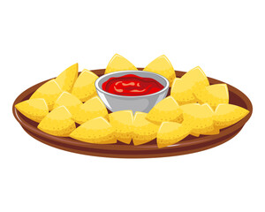 Nachos, corn chips with chili tomato sauce, Latin American cuisine. National cuisine of Mexico. Food illustration, vector