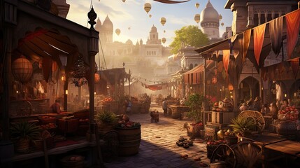 Bustling, marketplace, distant bazaar, exotic, cultural richness, vibrant, diverse, treasures, authentic, bustling stalls. Generated by AI.