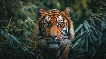 wall poster of tiger in jungle with close-up intensity style, saturated color scheme