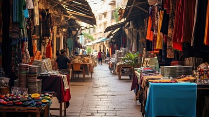 Bustling, street market, vibrant, colorful, fabrics, textiles, diverse, patterns, textures, cultural, bustling stalls. Generated by AI.