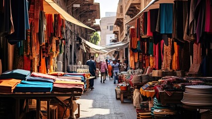 Bustling, market stalls, vibrant, diverse, fabrics, textiles, patterns, textures, cultural, bustling atmosphere. Generated by AI.