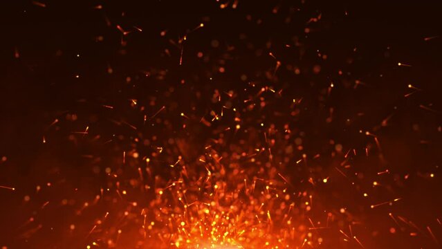 Abstract background of bright orange particles. Flying fire sparks and beautiful bokeh.  Seamless loop 4k video..