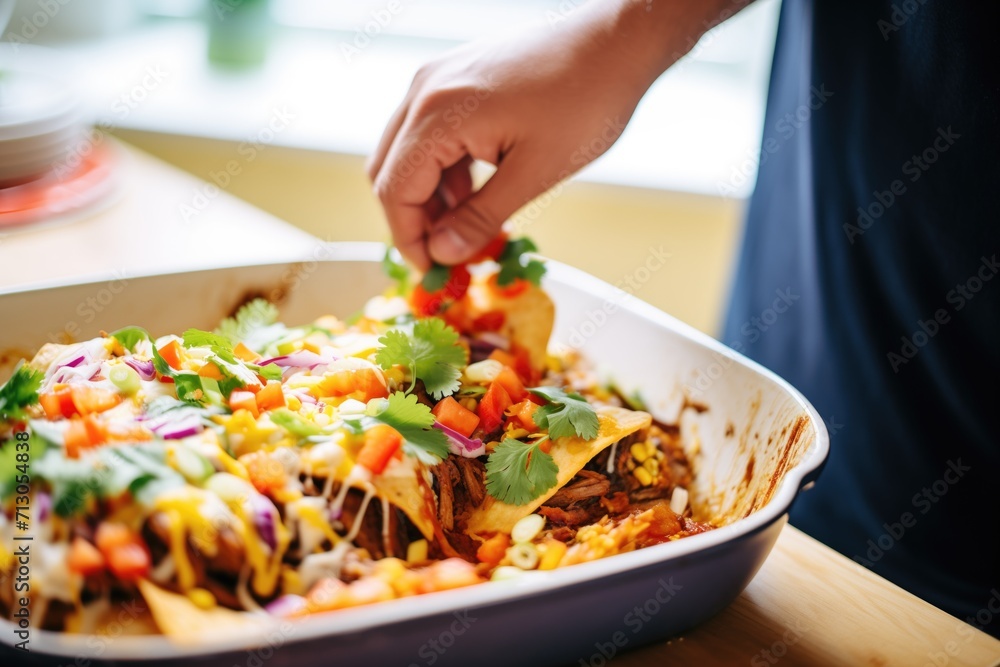 Poster enchiladas being plated from a casserole with cheese melting