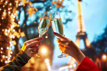 Female hands clinking champagne glasses over beautiful view of France poplar landmark. Celebrating...