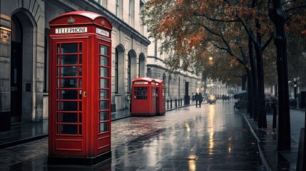 Naklejka premium Vintage, red telephone booth, London streets, iconic fixture, British symbol, communication, classic, landmark. Generated by AI.