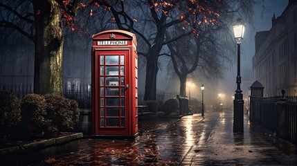 Iconic, red telephone booth, London streets, nostalgic symbol, British tradition, vintage, communication. Generated by AI. - obrazy, fototapety, plakaty