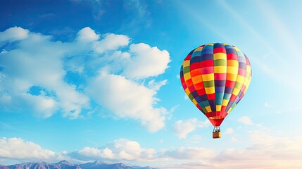 Obraz premium Colorful, hot air balloon, floating, clear blue sky, serene, graceful, aerial adventure, vibrant, peaceful. Generated by AI.
