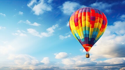 Colorful, hot air balloon, floating, clear cerulean sky, graceful, mesmerizing, airborne, tranquil. Generated by AI.