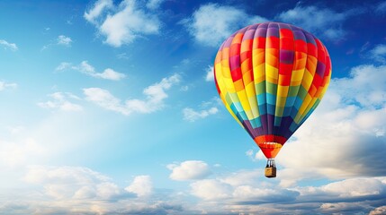 Naklejka premium Colorful, hot air balloon, floating, clear cerulean sky, graceful, mesmerizing, airborne, tranquil. Generated by AI.