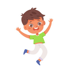 Happy jumping children with raised hands vector illustration. Cute fun active boy play at school or kindergarten. Cartoon adorable carefree male character dance. Happy birthday. Dancing studio