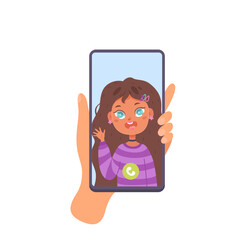 Hand hold vertically mobile phone with video call screen. Women left arm is touching smartphone display. Phone mockup. Flat cartoon vector illustration isolated on white background