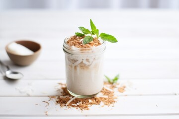 flaxseed smoothie with coconut shavings as garnish - obrazy, fototapety, plakaty