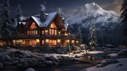 Fototapeta premium Serene mountain cabin, roaring fireplace, haven, warmth, relaxation, breathtaking scenery. Generated by AI.