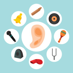 Hear Sense, Human Sense Nervous System Feeling Icon Collection with ear, flute, disk,maracas, Phonograph, record, Tunning, fork, whistle, speaker, microphone, bell.  Anatomy Human Body Part - obrazy, fototapety, plakaty