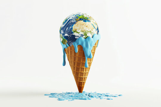 earth in the shape of melting ice on white background, illustration of global warming, AI generated