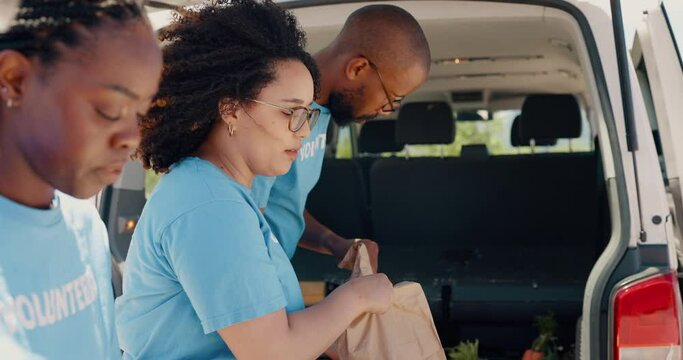 Volunteer, teamwork and people with food package for charity event, donation and community programme. Collaboration, volunteering and men and women with van for parcel, bags and grocery distribution