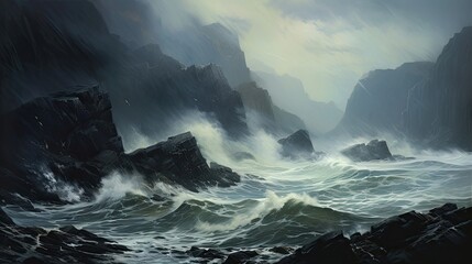 Dramatic sight, turbulent waves, imposing cliffs, crashing, relentless power, grandeur, stormy sea. Generated by AI.