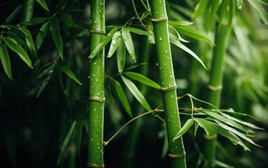 Close-up of bamboo tree in tropical rainforest. Green nature background.