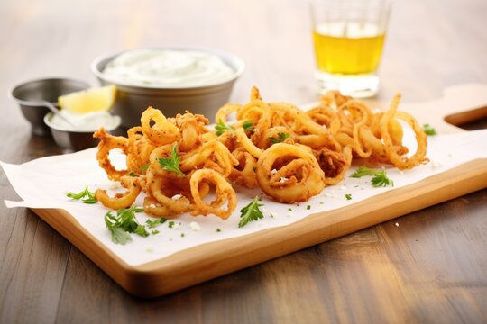 curly fries arranged on a wooden board