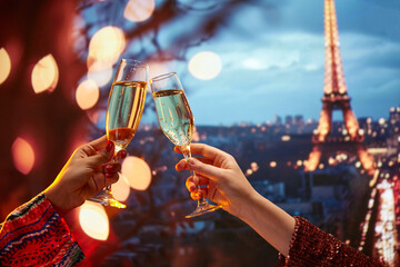 Luxurious celebration in France. Female hands clicking champagne glasses over fascinating view of Parisian landmark. Evening time. Concept of holidays, celebration, events, travelling