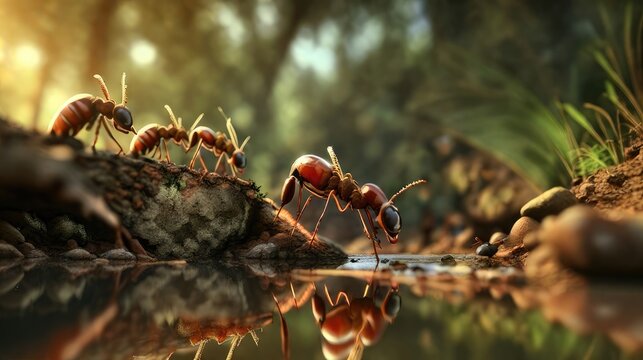 Microcosmic wonders: Closeup of industrious ants exploring a forest branch