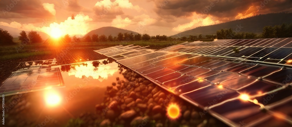 Wall mural renewable energy triumph: solar panels harnessing the beauty of a stunning sunset