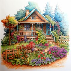 Fototapeta na wymiar Pencil sketch nice colorful garden house image Generative AI