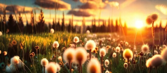Breathtaking sunset over a meadow adorned with daisies, framed by majestic mountains