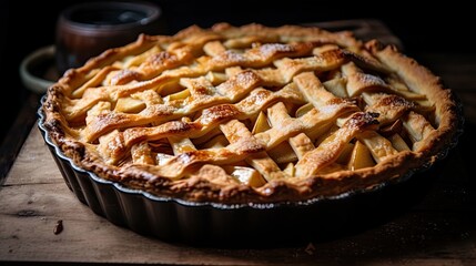 A pie filled with freshly baked apples under a golden, flaky crust. Warm, comforting, homemade, delightful, fragrant, traditional, seasonal, sweet, inviting, mouthwatering. Generated by AI.