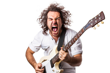 Close-up of an artist musician plays the guitar, sings loudly, screams emotionally excitedly, white background isolate.