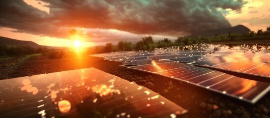 Renewable energy triumph: Solar panels harnessing the beauty of a stunning sunset